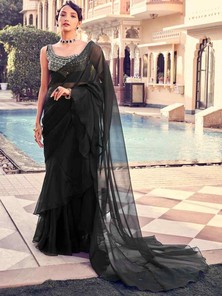 Black Organza Sequins Party Festival Classic Style Saree