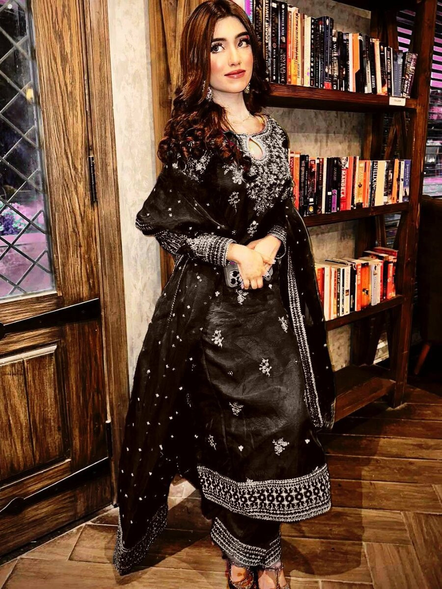 Black Organza silk Embroidery Zari Sequins Wedding Party Festival Casual Ready Palazzo Pant Salwar Kameez