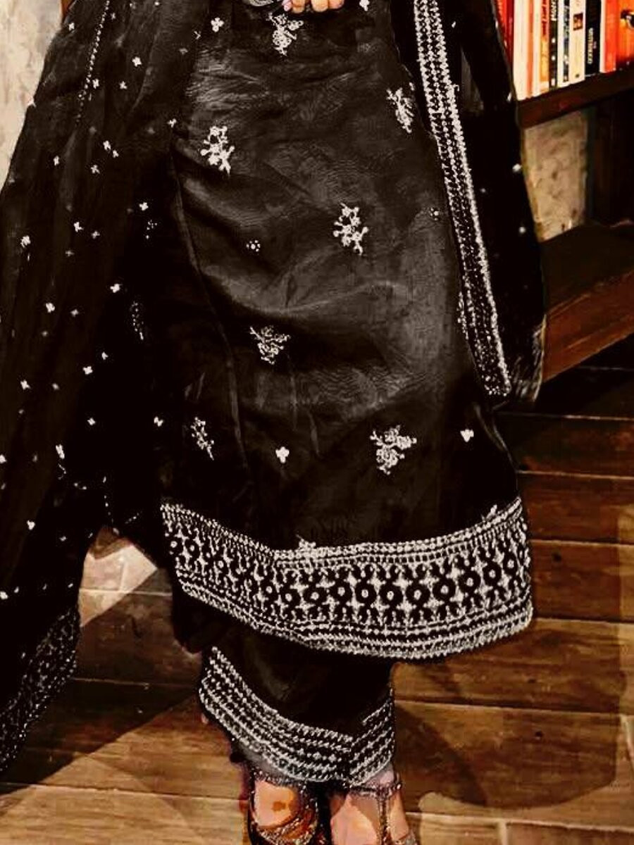 Black Organza silk Embroidery Zari Sequins Wedding Party Festival Casual Ready Palazzo Pant Salwar Kameez