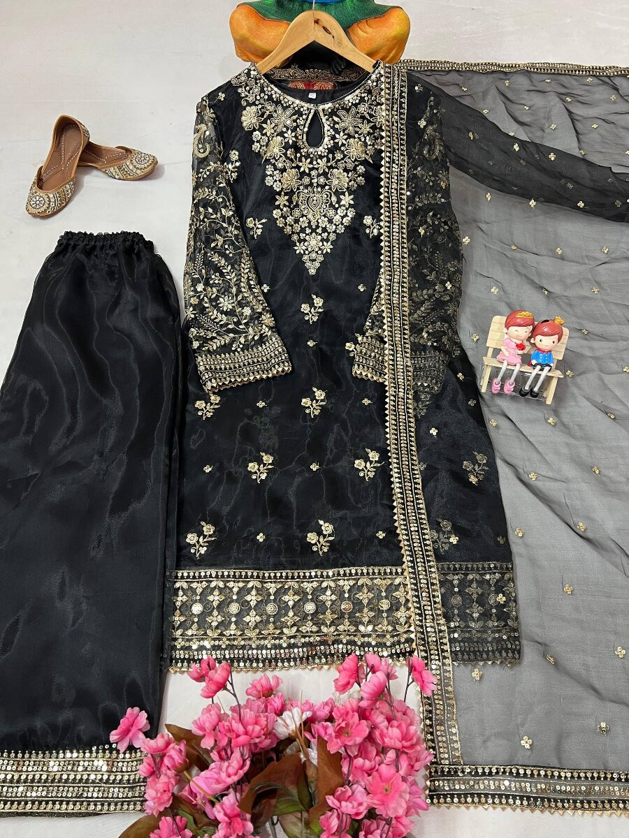 Black Organza silk Embroidery Zari Sequins Wedding Party Festival Casual Ready Palazzo Pant Salwar Kameez