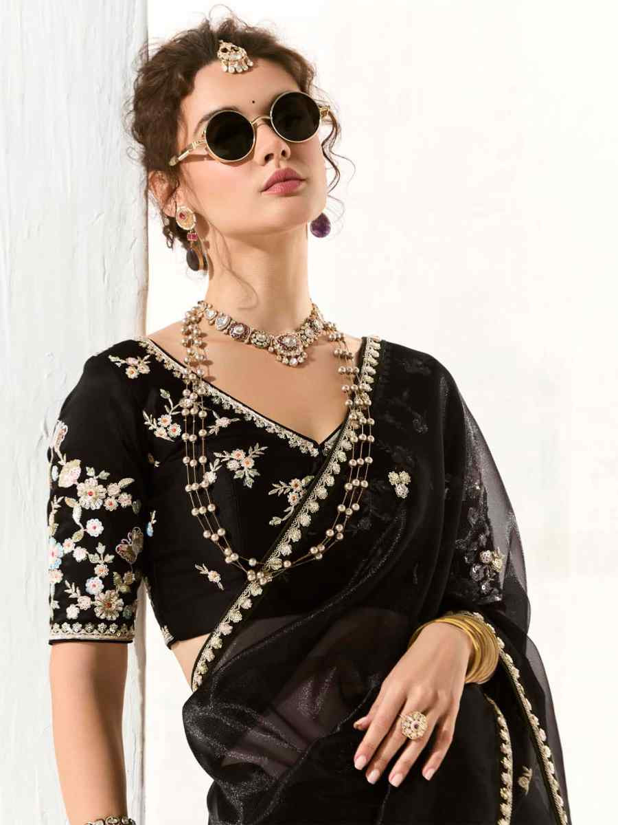 Black Organza Tissue Embroidered Festival Wedding Fancy Heavy Border Saree