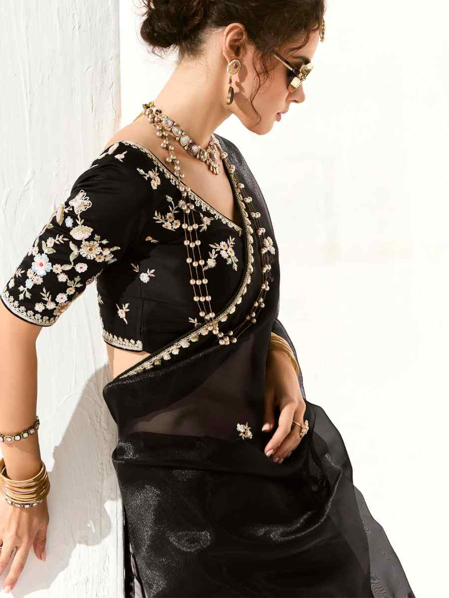 Black Organza Tissue Embroidered Festival Wedding Fancy Heavy Border Saree