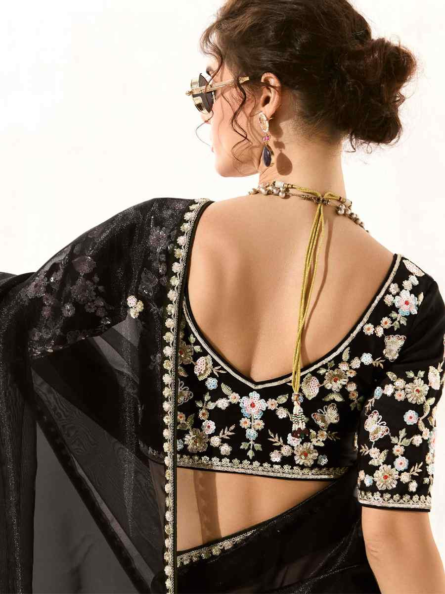 Black Organza Tissue Embroidered Festival Wedding Fancy Heavy Border Saree