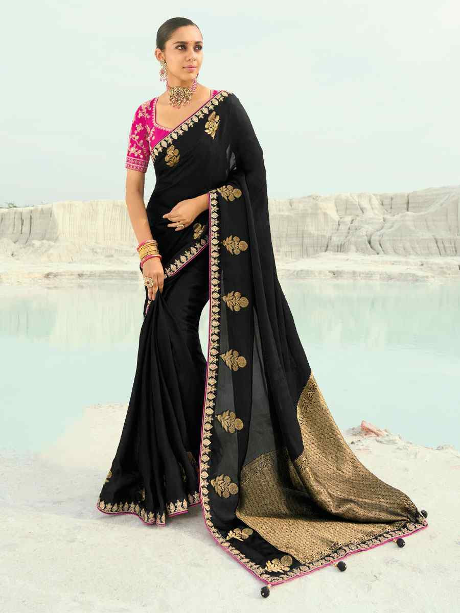 Black Organza Viscose Embroidery Bridal Reception Festival Wedding Fancy Heavy Border Saree
