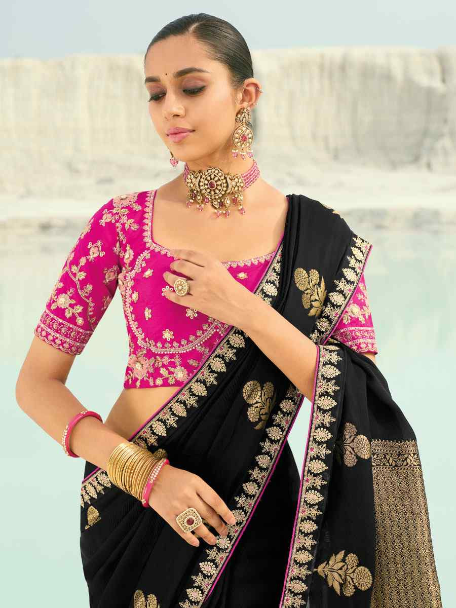 Black Organza Viscose Embroidery Bridal Reception Festival Wedding Fancy Heavy Border Saree