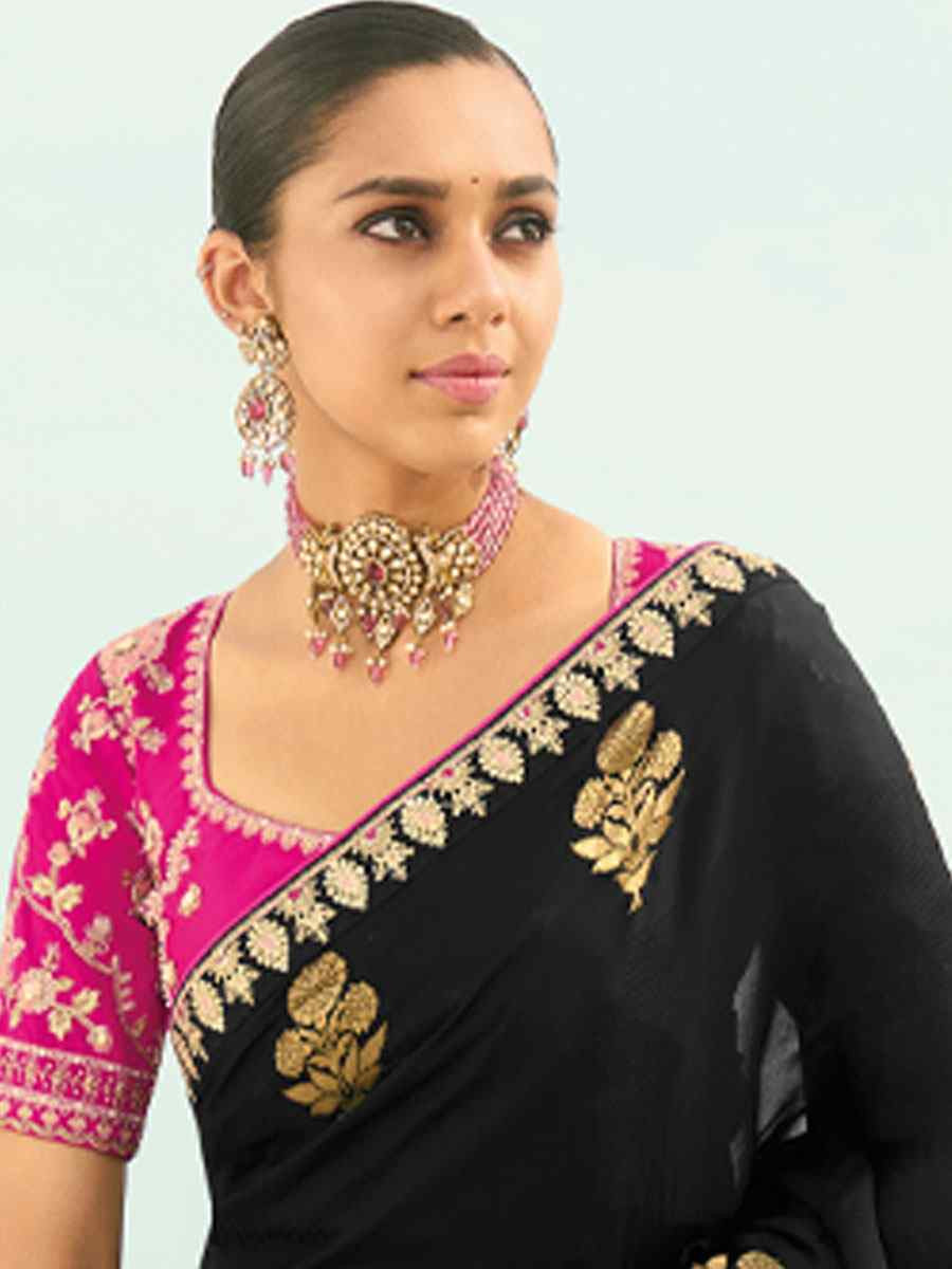 Black Organza Viscose Embroidery Bridal Reception Festival Wedding Fancy Heavy Border Saree