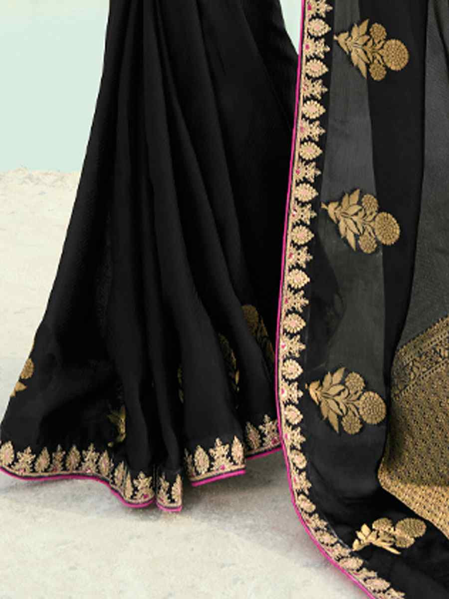 Black Organza Viscose Embroidery Bridal Reception Festival Wedding Fancy Heavy Border Saree