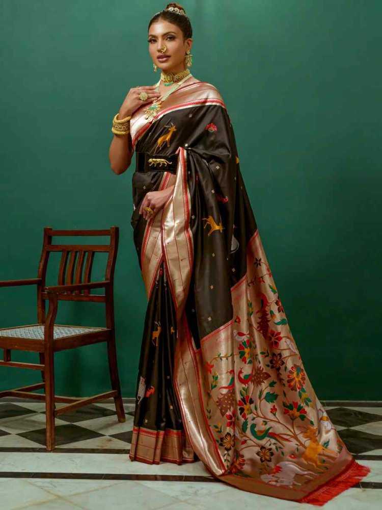 Black Paithani Silk Handwoven Wedding Festival Heavy Border Saree