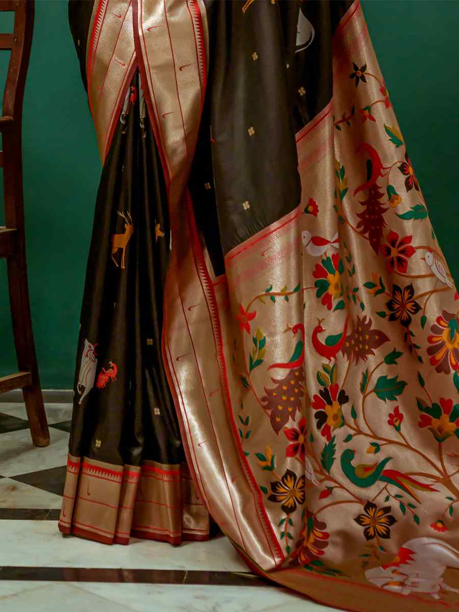 Black Paithani Silk Handwoven Wedding Festival Heavy Border Saree