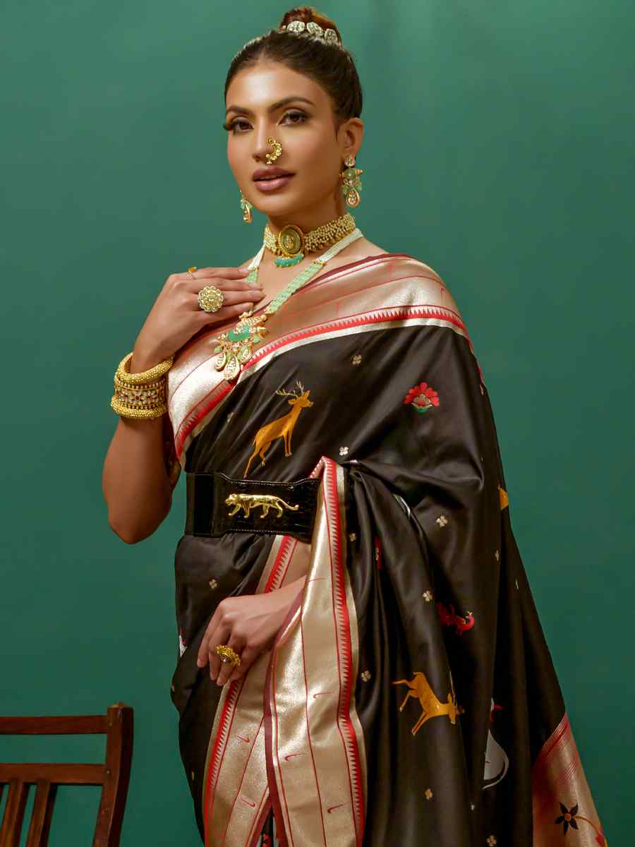 Black Paithani Silk Handwoven Wedding Festival Heavy Border Saree