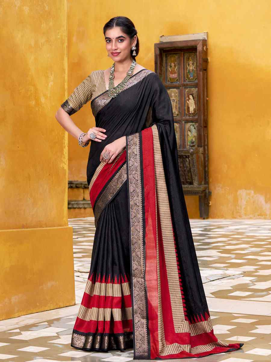 Black Poly Cotton Handwoven Casual Festival Party Classic Style Sarees