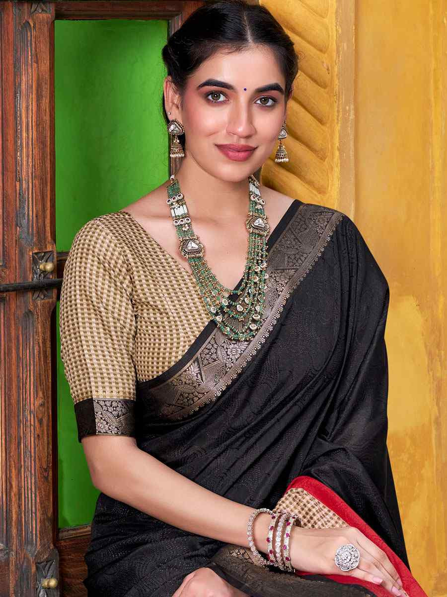Black Poly Cotton Handwoven Casual Festival Party Classic Style Sarees