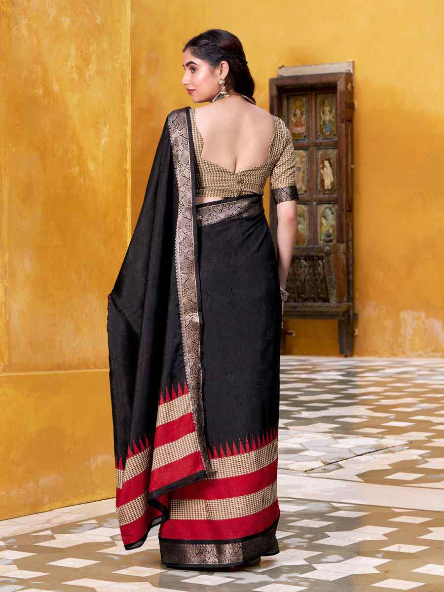 Black Poly Cotton Handwoven Casual Festival Party Classic Style Sarees