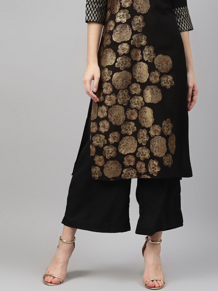 Black Poly Silk Printed Festival Casual Kurti