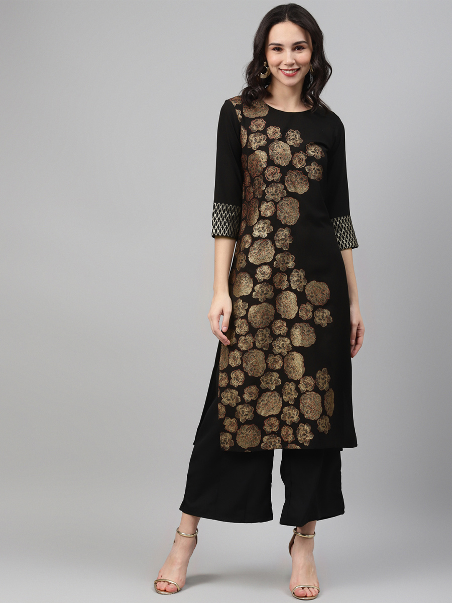 Black Poly Silk Printed Festival Casual Kurti