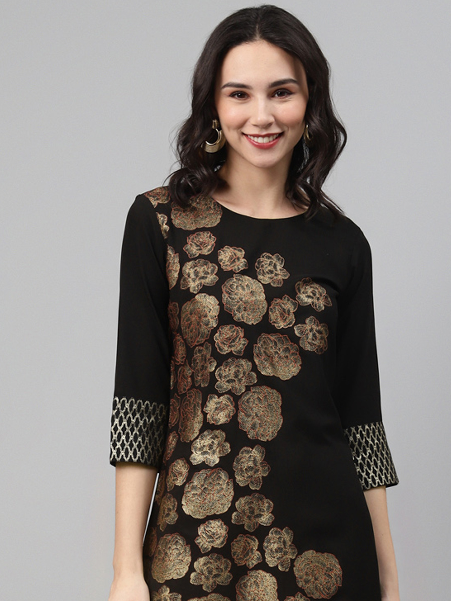 Black Poly Silk Printed Festival Casual Kurti