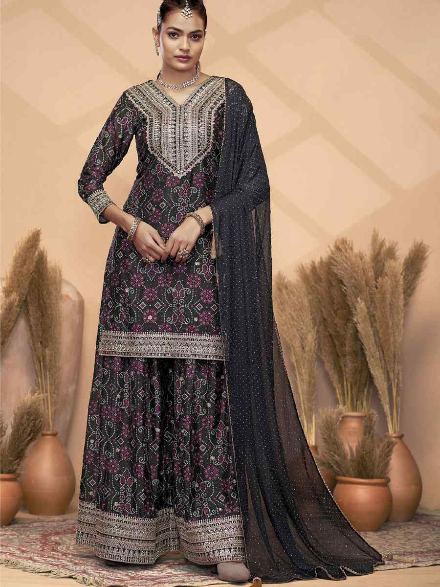 Black Premium Finest Chinon Printed Embroidery Party Wedding Festival Casual Ready Palazzo Pant Salwar Kameez