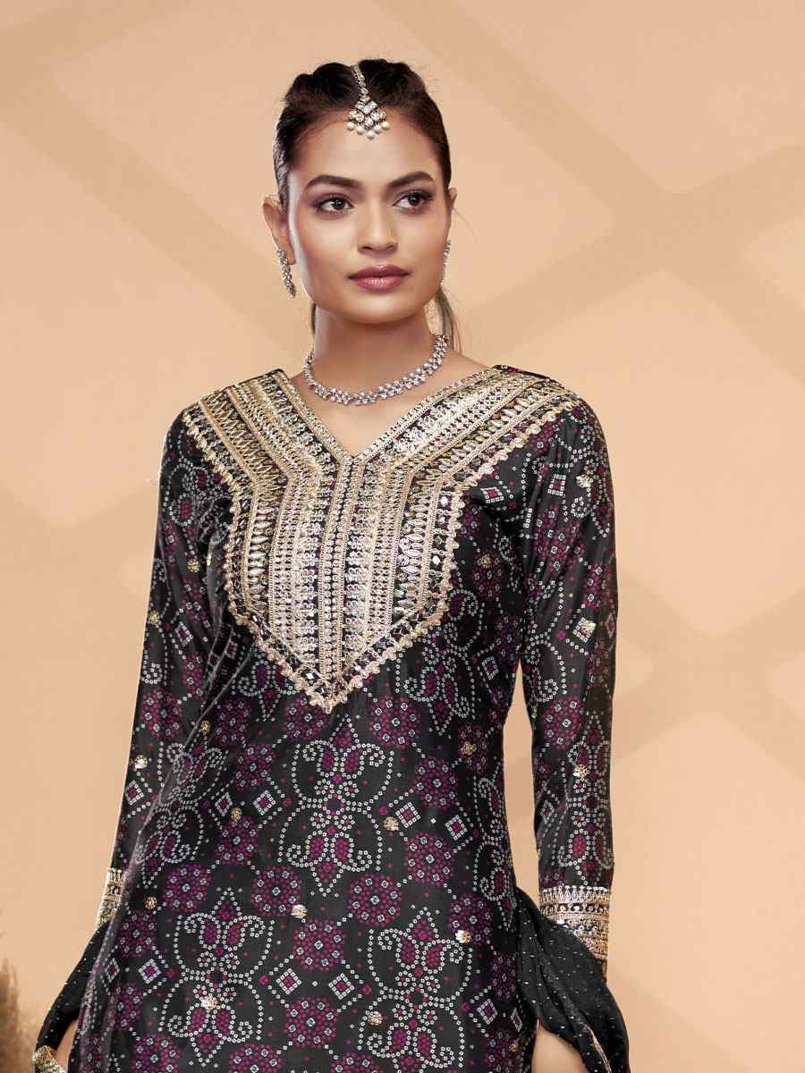 Black Premium Finest Chinon Printed Embroidery Party Wedding Festival Casual Ready Palazzo Pant Salwar Kameez