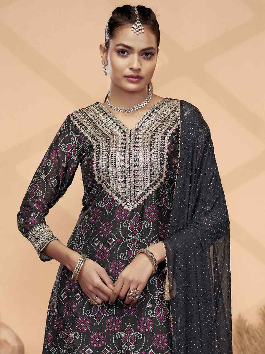 Black Premium Finest Chinon Printed Embroidery Party Wedding Festival Casual Ready Palazzo Pant Salwar Kameez