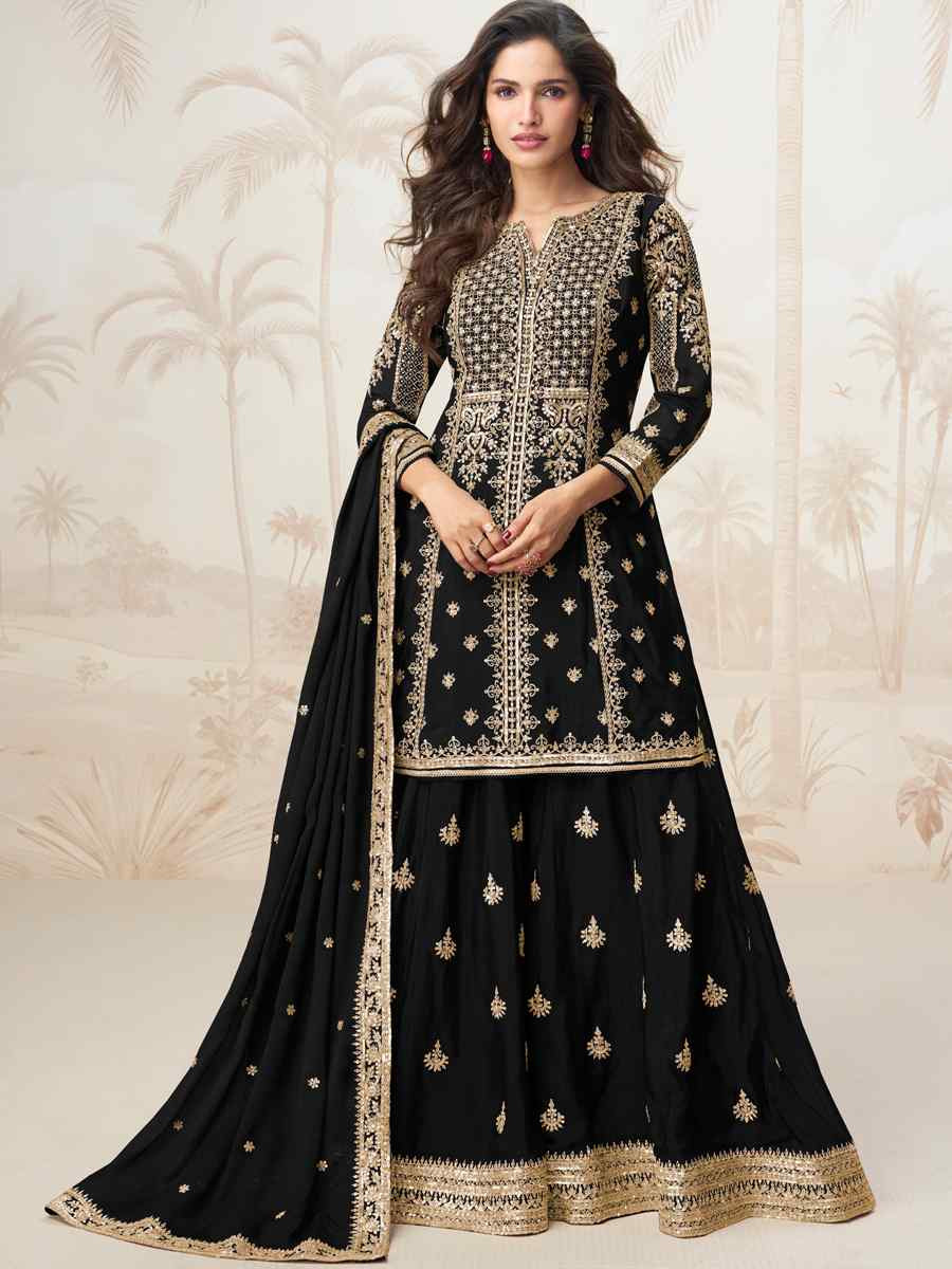 Black Premium Chinon Silk Embroidered Festival Casual Ready Sharara Pant Salwar Kameez
