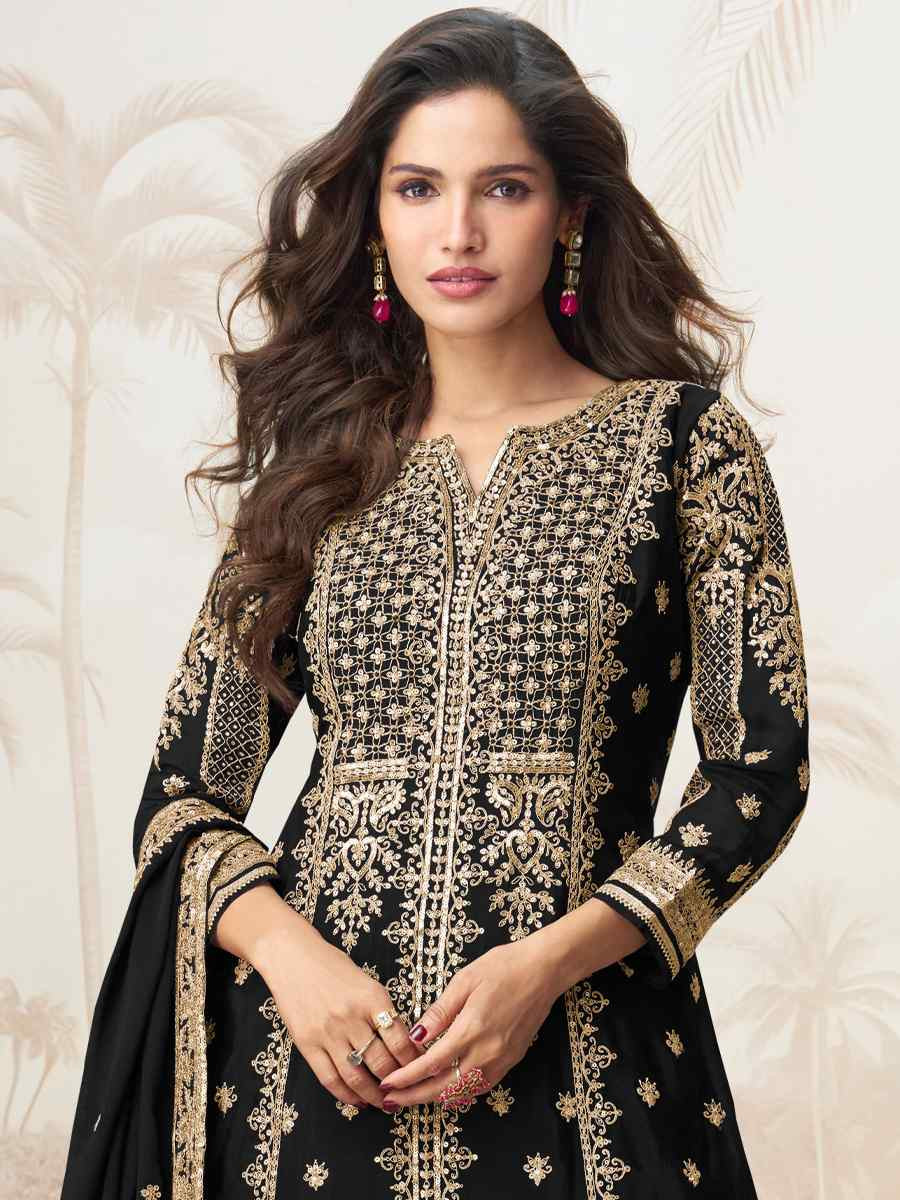 Black Premium Chinon Silk Embroidered Festival Casual Ready Sharara Pant Salwar Kameez