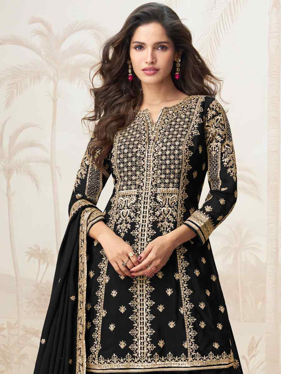 Black Premium Chinon Silk Embroidered Festival Casual Ready Sharara Pant Salwar Kameez