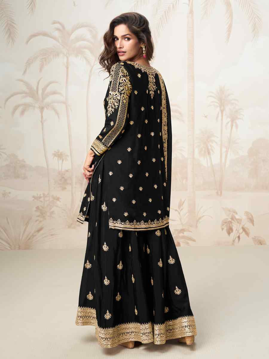 Black Premium Chinon Silk Embroidered Festival Casual Ready Sharara Pant Salwar Kameez