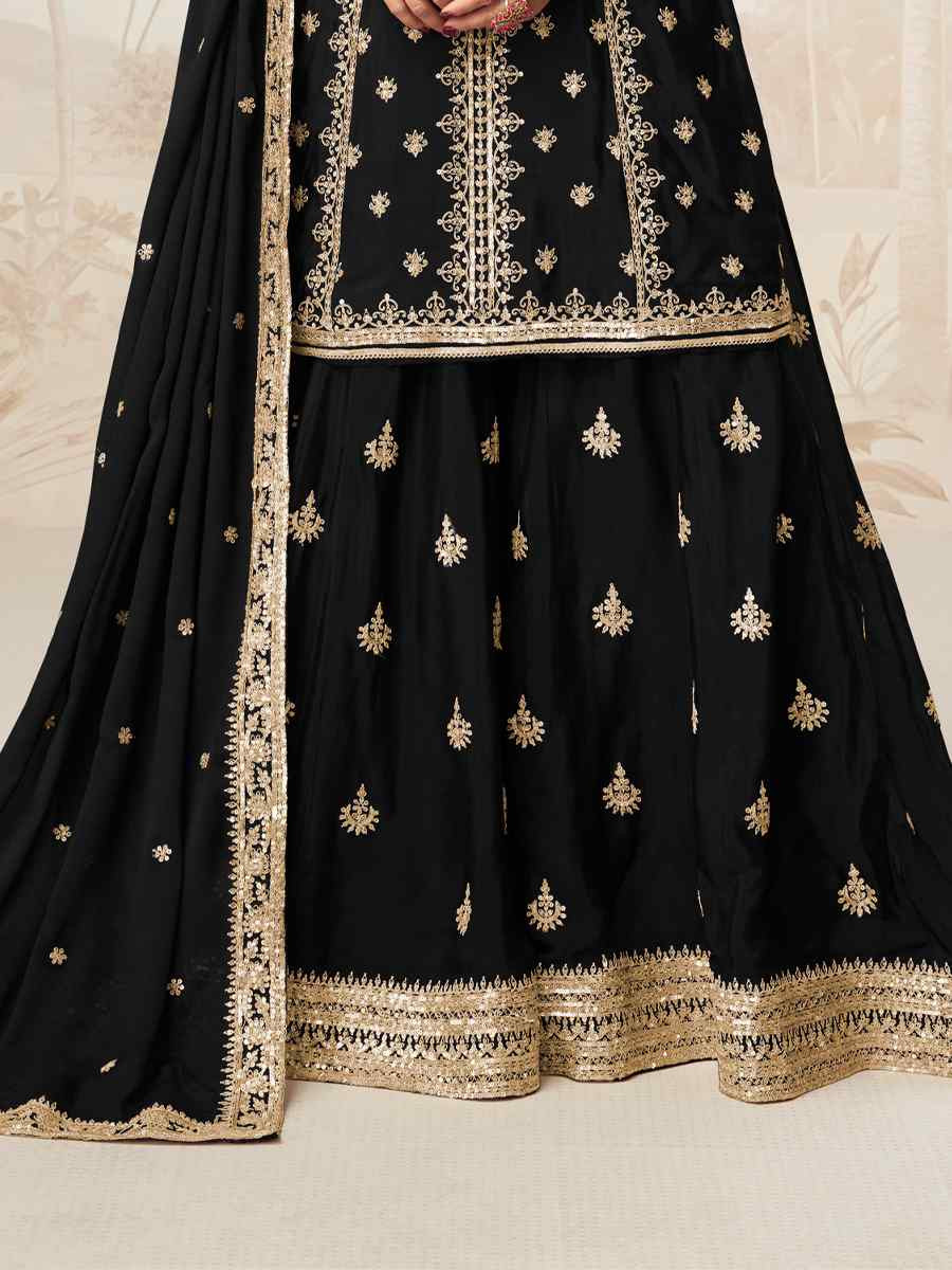 Black Premium Chinon Silk Embroidered Festival Casual Ready Sharara Pant Salwar Kameez
