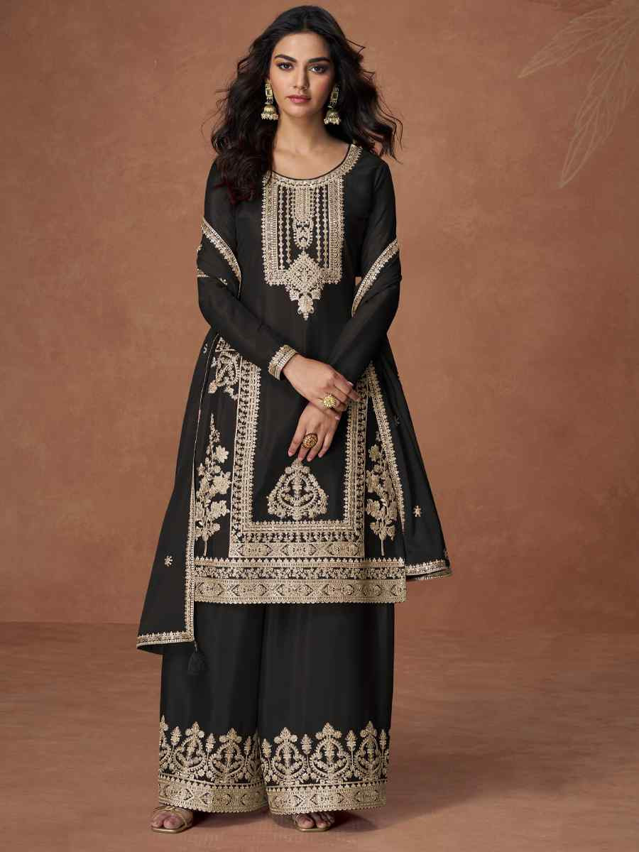Black Premium Chinon Silk Embroidery Party Wedding Festival Casual Ready Palazzo Pant Salwar Kameez