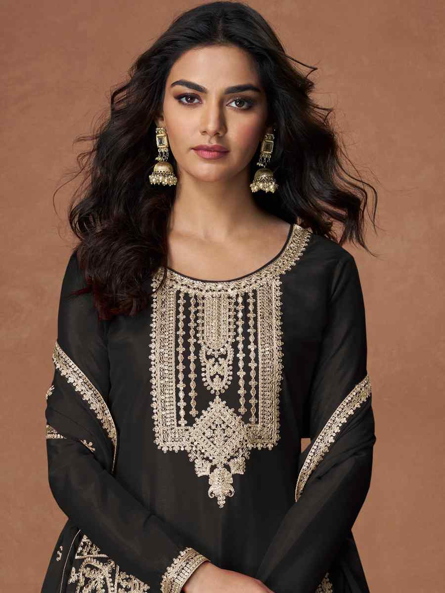 Black Premium Chinon Silk Embroidery Party Wedding Festival Casual Ready Palazzo Pant Salwar Kameez