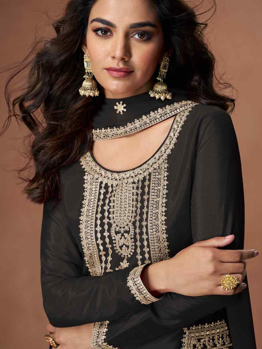 Black Premium Chinon Silk Embroidery Party Wedding Festival Casual Ready Palazzo Pant Salwar Kameez