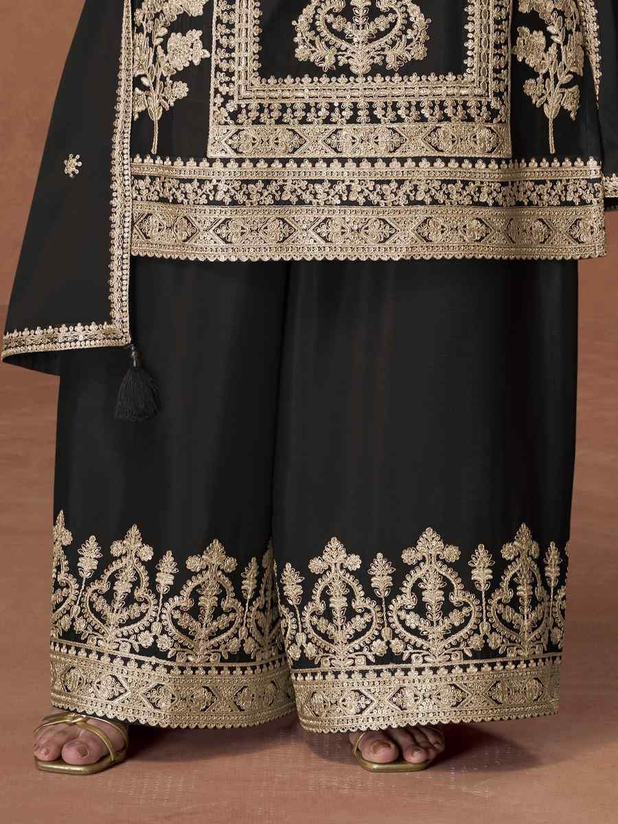 Black Premium Chinon Silk Embroidery Party Wedding Festival Casual Ready Palazzo Pant Salwar Kameez