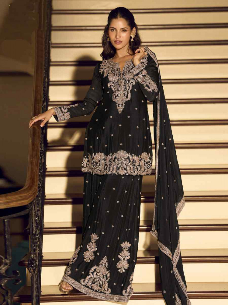 Image of Black Premium Chinon Silk Embroidery Party Wedding Festival Casual Ready Palazzo Pant Salwar Kameez
