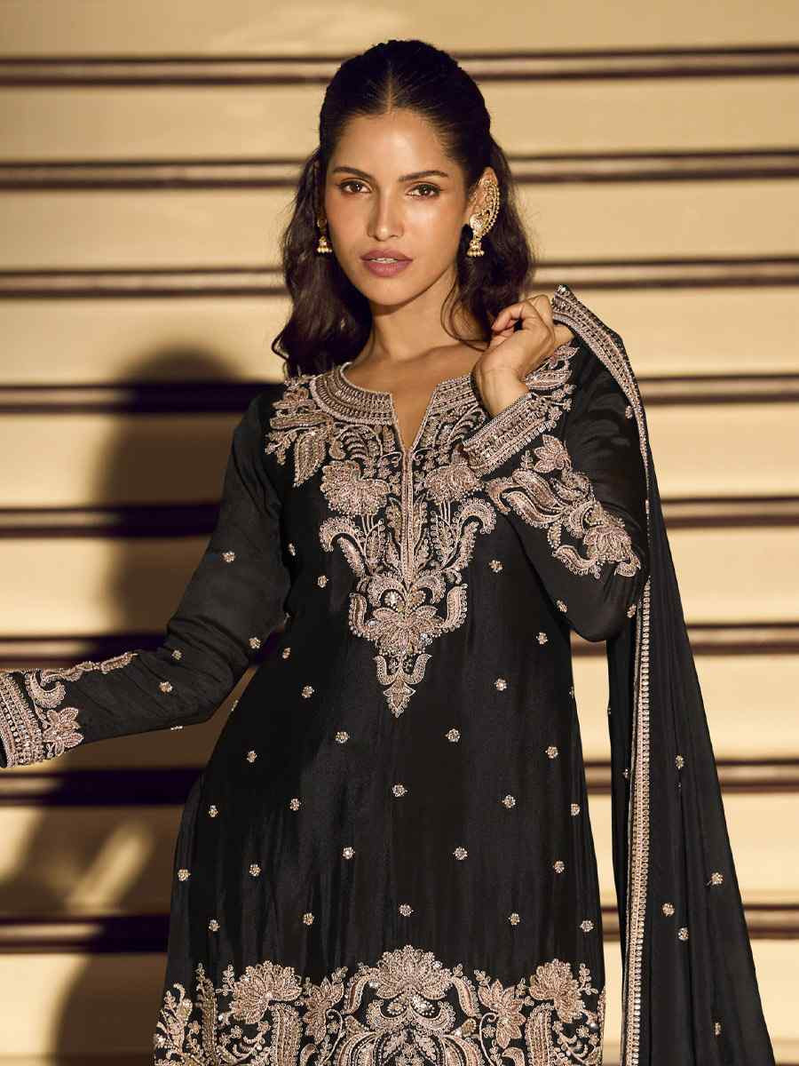 Black Premium Chinon Silk Embroidery Party Wedding Festival Casual Ready Palazzo Pant Salwar Kameez