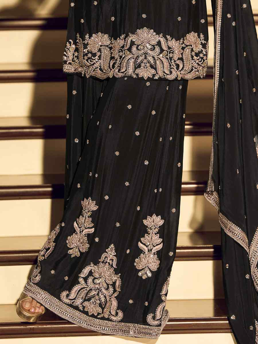 Black Premium Chinon Silk Embroidery Party Wedding Festival Casual Ready Palazzo Pant Salwar Kameez