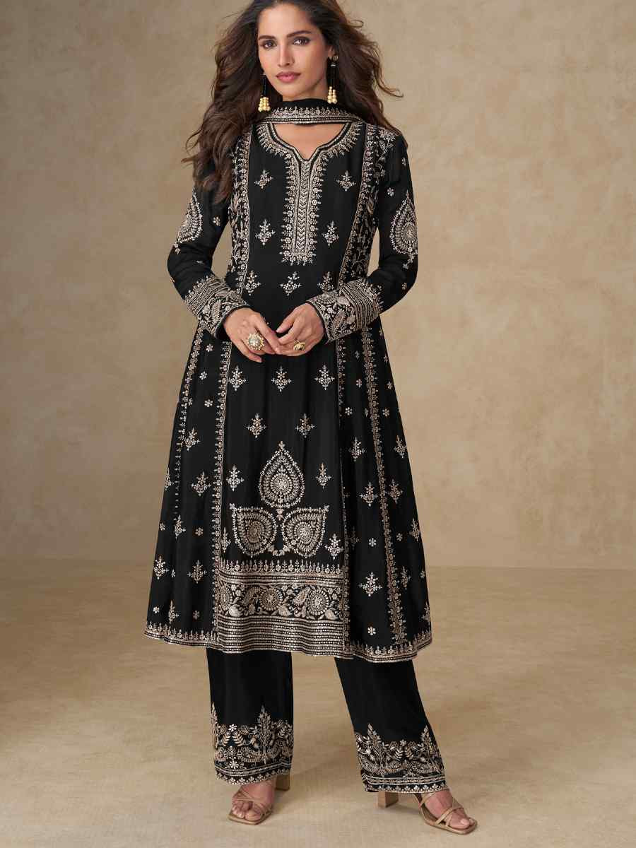 Black Premium Chinon Silk Embroidery Party Wedding Festival Casual Ready Pant Salwar Kameez