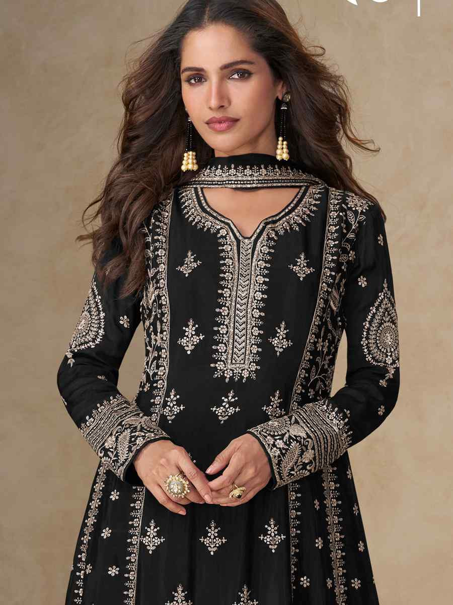 Black Premium Chinon Silk Embroidery Party Wedding Festival Casual Ready Pant Salwar Kameez