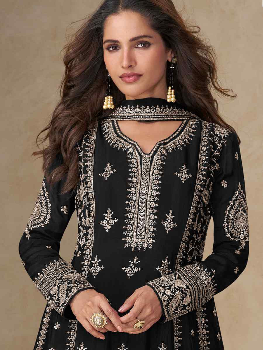 Black Premium Chinon Silk Embroidery Party Wedding Festival Casual Ready Pant Salwar Kameez