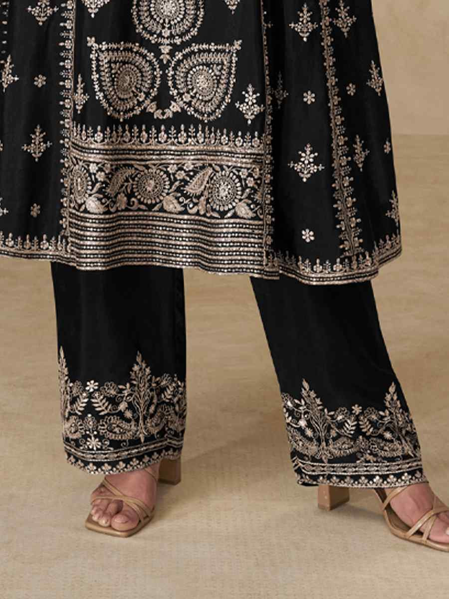 Black Premium Chinon Silk Embroidery Party Wedding Festival Casual Ready Pant Salwar Kameez