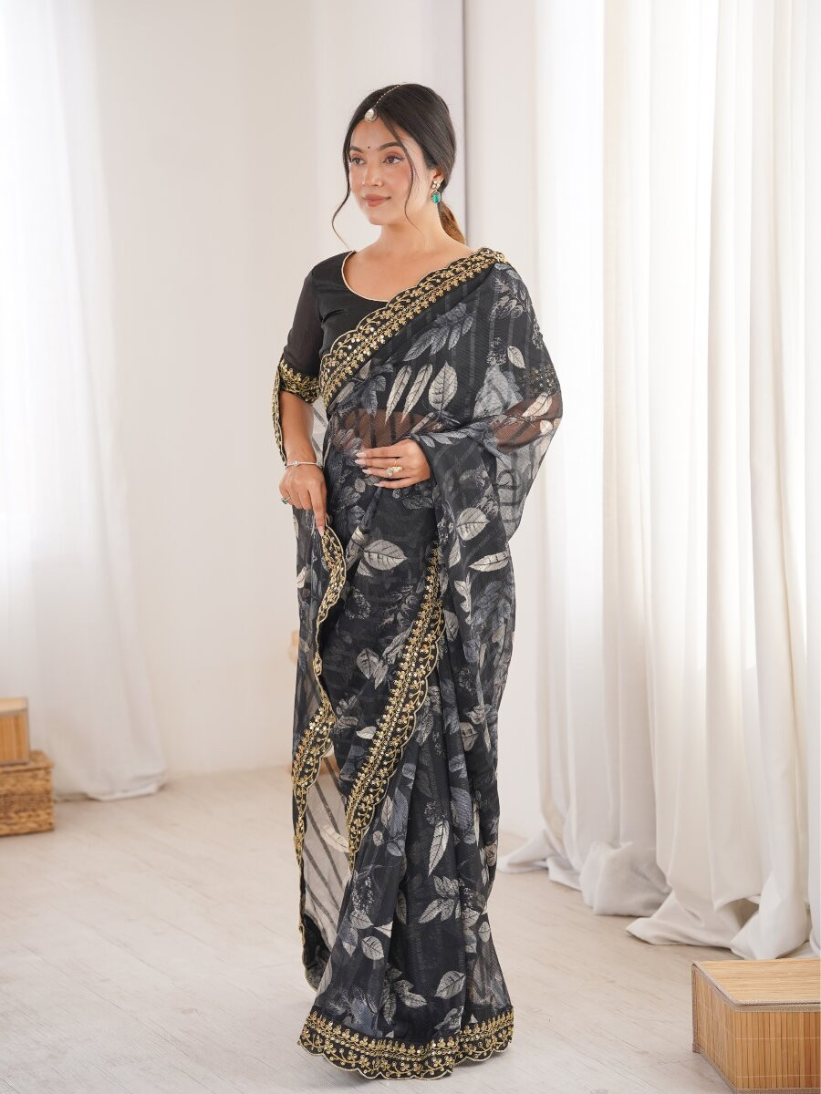 Black Premium Georgette Chiffon Embroidery Sequins Flower Printed Wedding Reception Party Festival Casual Heavy Border Sarees