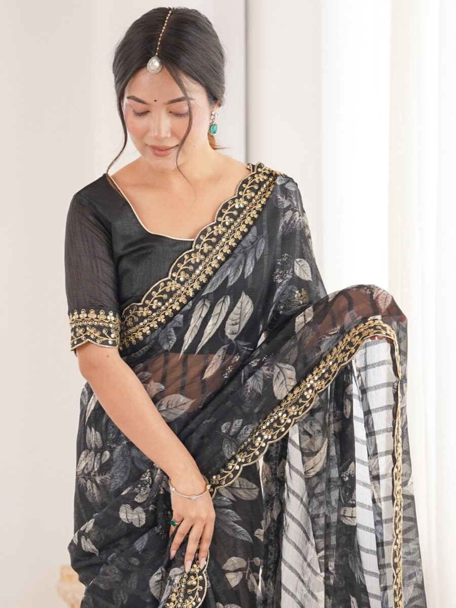 Black Premium Georgette Chiffon Embroidery Sequins Flower Printed Wedding Reception Party Festival Casual Heavy Border Sarees