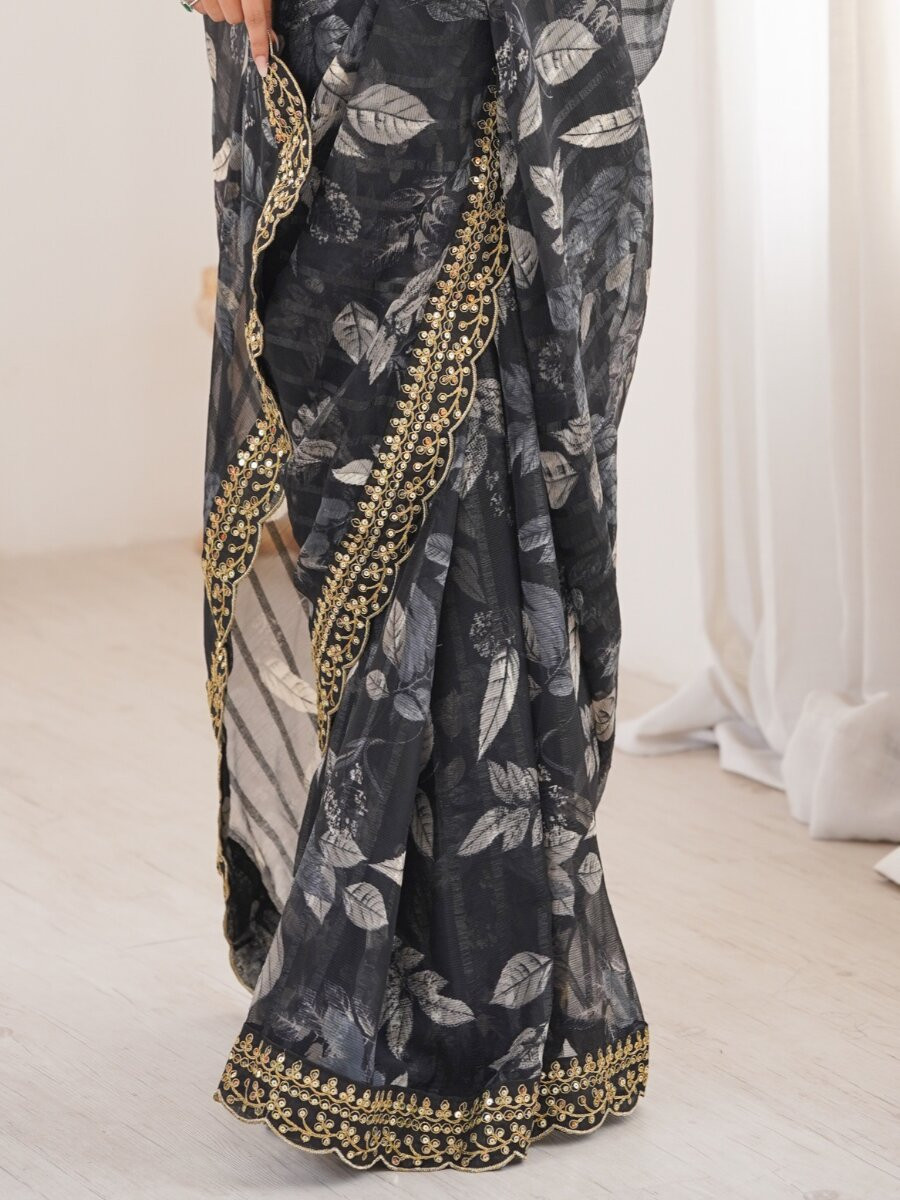 Black Premium Georgette Chiffon Embroidery Sequins Flower Printed Wedding Reception Party Festival Casual Heavy Border Sarees