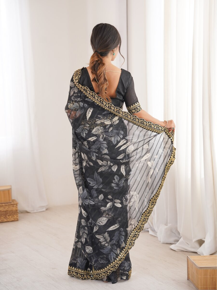 Black Premium Georgette Chiffon Embroidery Sequins Flower Printed Wedding Reception Party Festival Casual Heavy Border Sarees