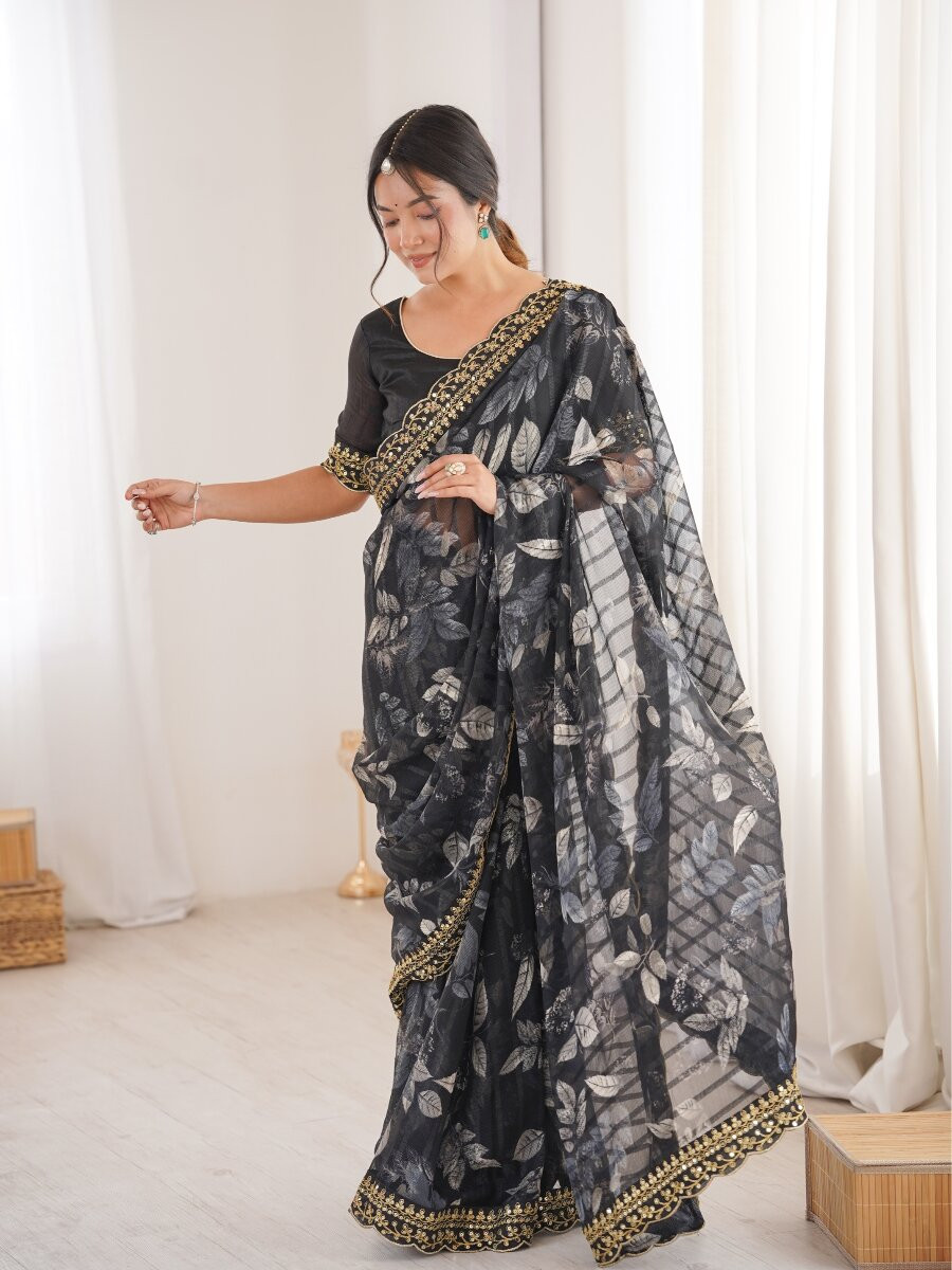 Black Premium Georgette Chiffon Embroidery Sequins Flower Printed Wedding Reception Party Festival Casual Heavy Border Sarees
