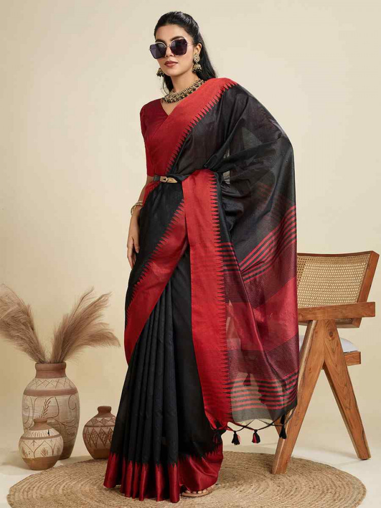 Image of Black Premium Khadi Raw Silk Zari Handwoven Casual Reception Festival Wedding Fancy Classic Style Sarees
