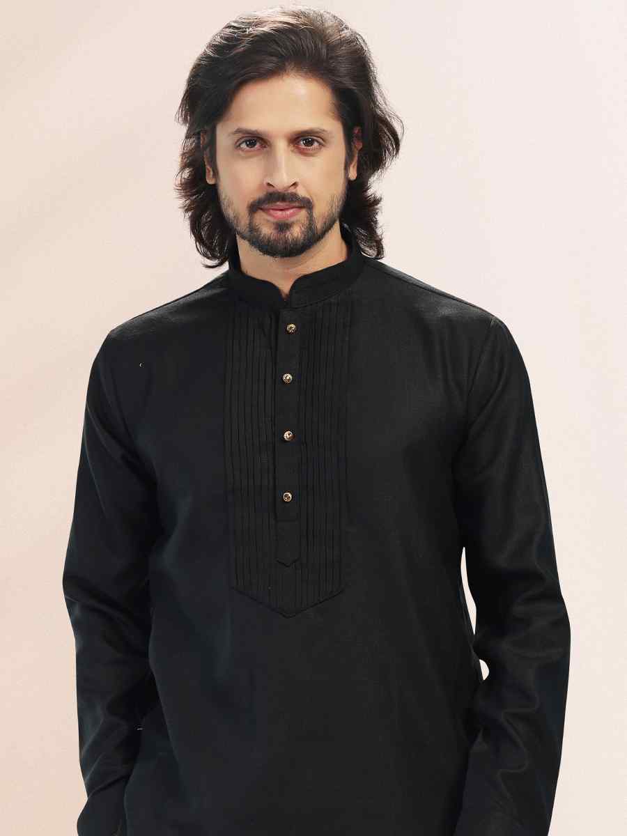 Black Premium Linen Cotton Woven Festival Party Kurta