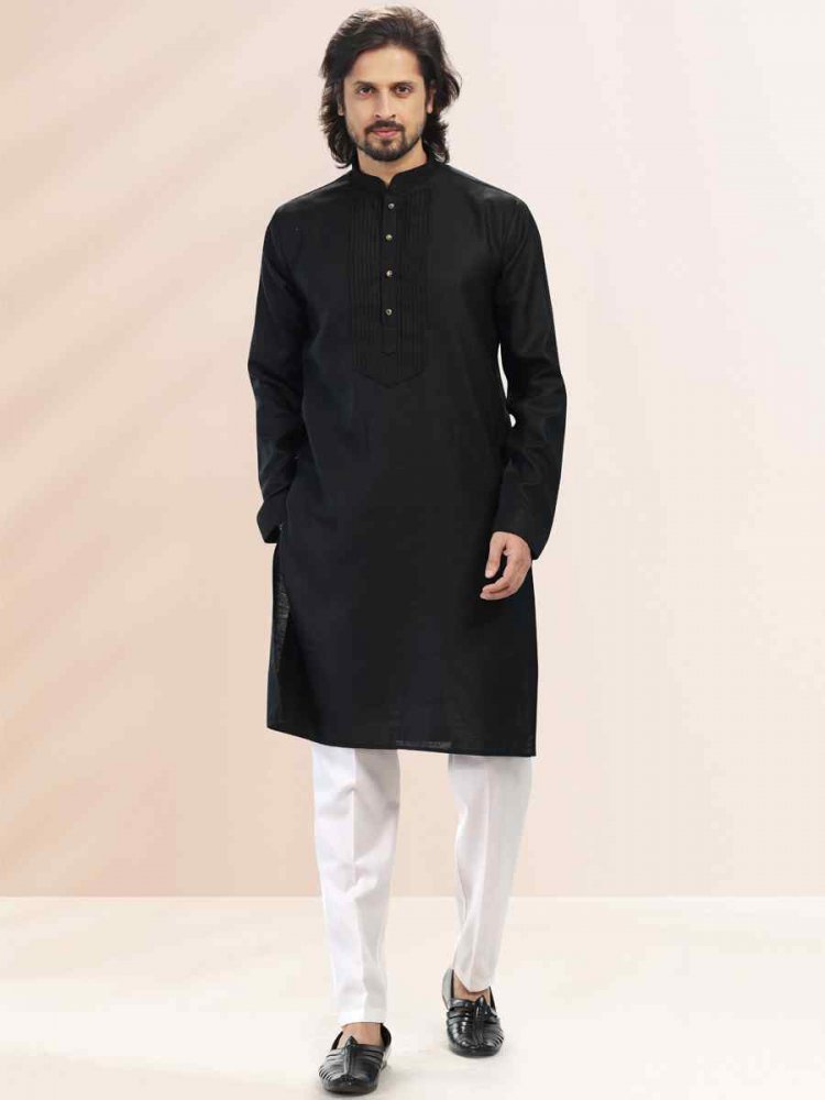 Black Premium Linen Cotton Woven Festival Party Kurta