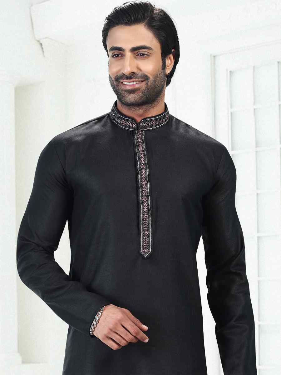 Black Premium Linen Cotton Woven Festival Wedding Kurta