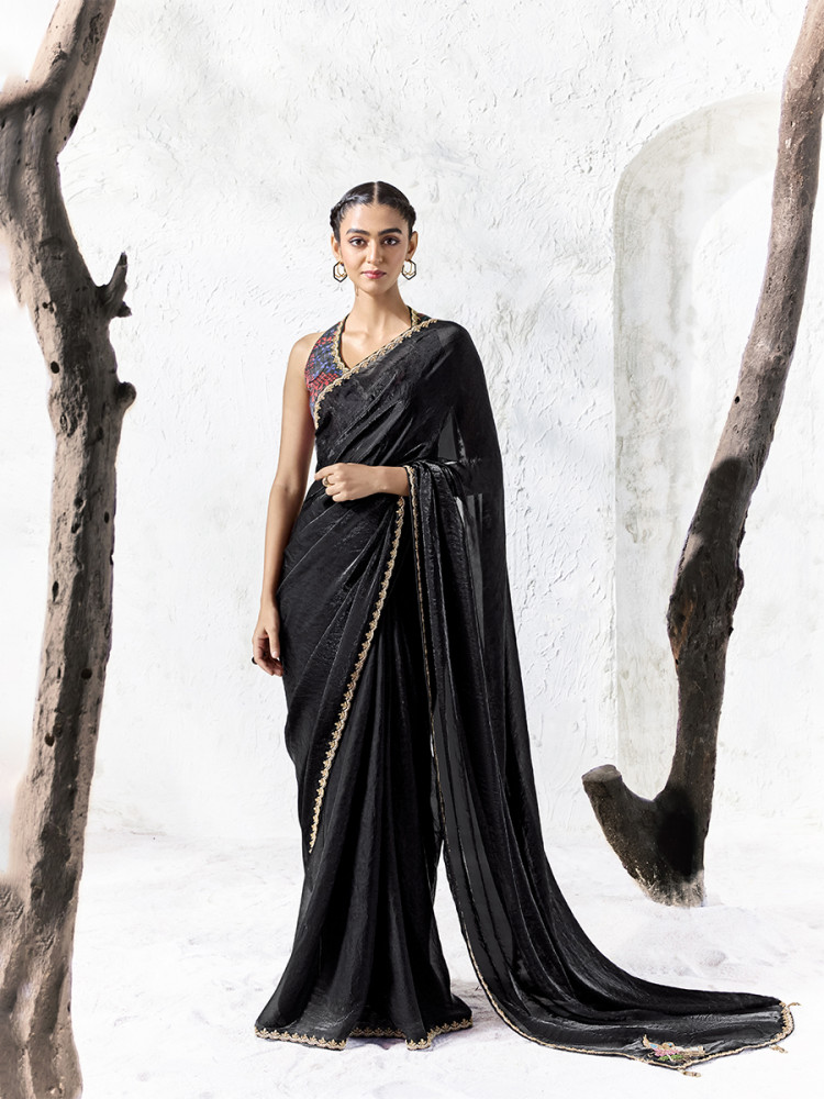 Image of Black Premium Luxe Silk Organza Embroidery Sequins Wedding Reception Party Festival Casual Heavy Border Sarees
