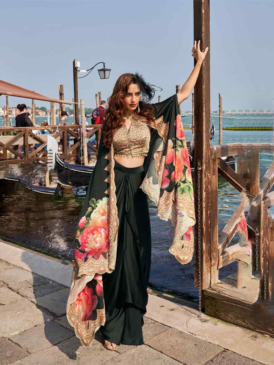 Black Premium Real French Crepe Silk Printed Embroidered Festival Casual Kurti Bottom Jacket Women Wear